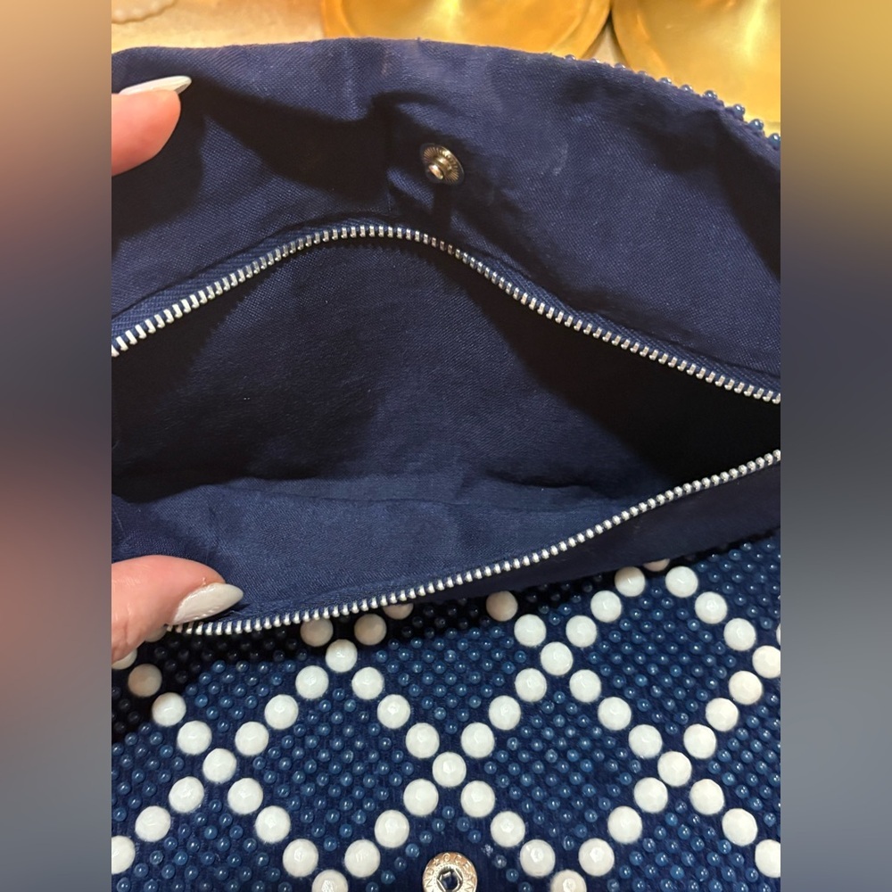 Mr. Jonas Vintage Navy and White Beaded Clutch made in Hong Kong. - Picture 9 of 12